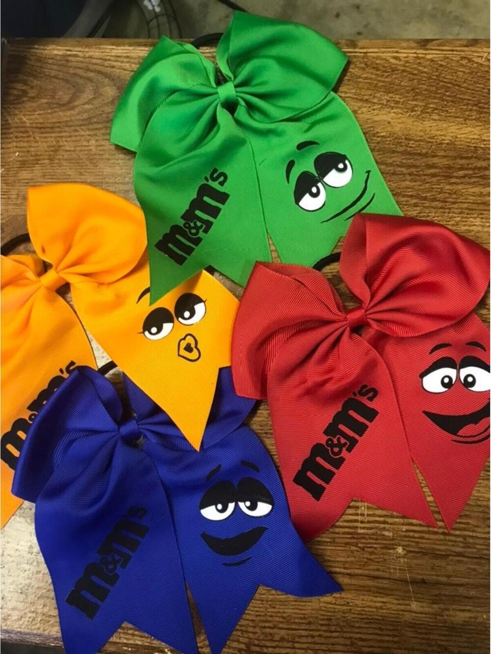 Custom M&M Hair Bow Set of 4 with attached hair band for ponytail New